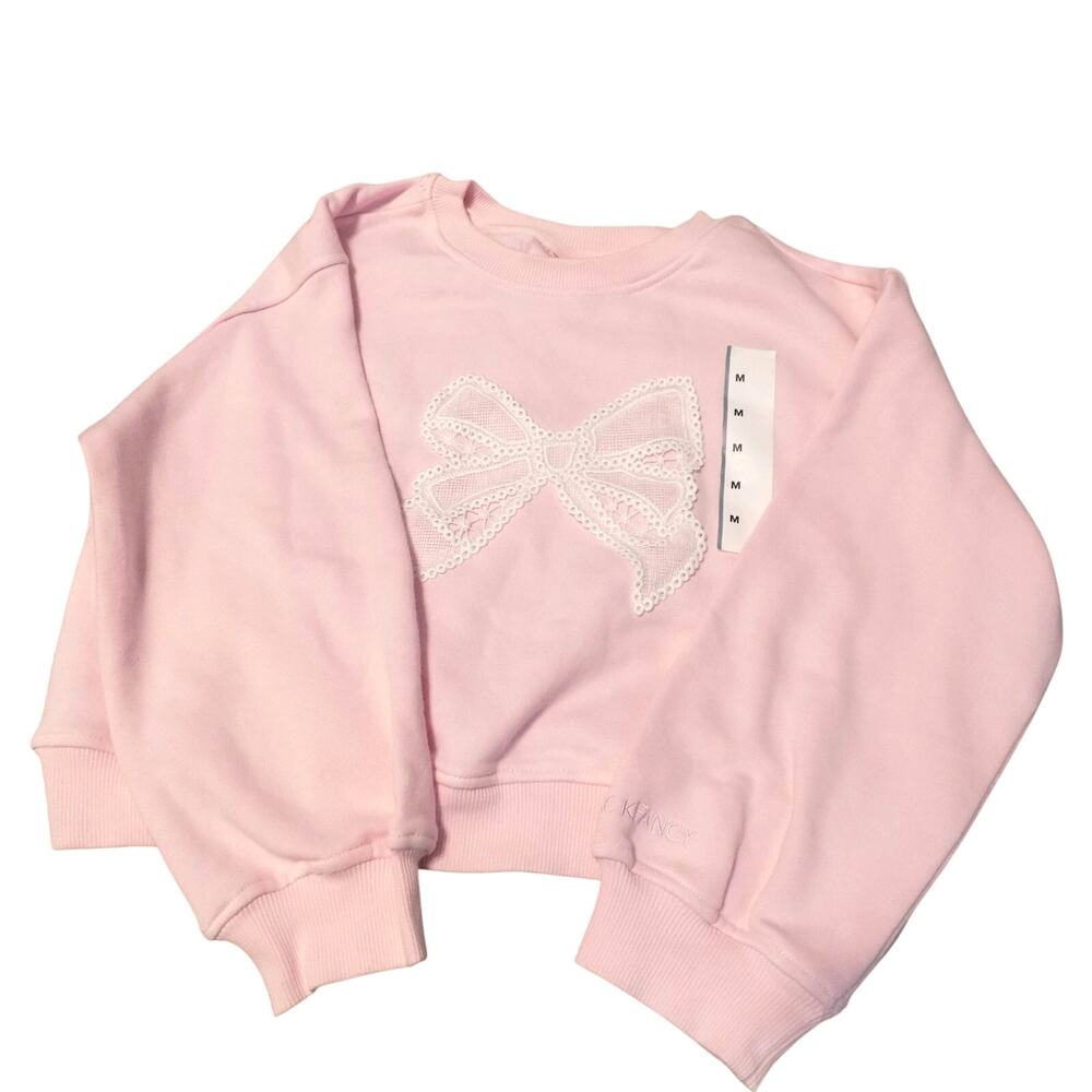 LoveShackFancy Pink Long-sleeved Lace Embordered White Bow Shirt- Girls Medium